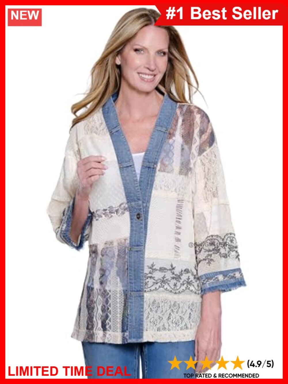 Woven Lace Patchwork 3/4 Sleeve Jacket with Woven Trim